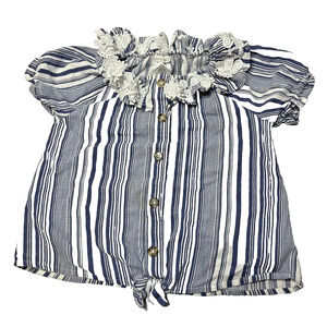 Forever Me Girls Striped Button Front Top Blue White Lace Ruffle Short Sleeve